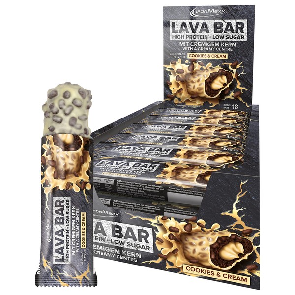 IronMaxx Lava Bar Protein Bar - Cookies and Cream 18 x 40 g | High Protein Bar with Creamy Core and Crispy Topping | Sugar-Reduced Protein Bar Palm Oil Free and No Preservatives