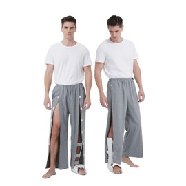 Aylashine Front Hook and Loop Stickers Bedridden Patient Pants,Patient Clothing,Tear Away Pants Cotton Material Easy to Wear and Take Off Grey (M)