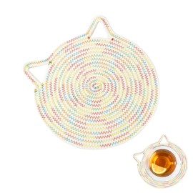 Sunny Glow Cat Coaster Trivet Heat Resistant Stylish Cute Cat Ears Natural Material Present Gift Table Animal (7.1 inches (18 cm), Warm Color)