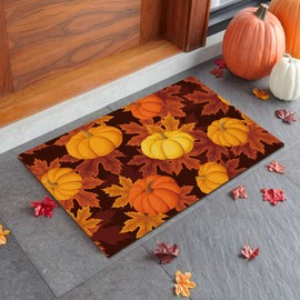 Fall Maple Leaf Welcome Doormat,Thanksgiving Pumpkin Floor Door Mat Non Slip Entry Rugs Orange Leaves Seamless Water Absorbent Kitchen Rug for Bathroom/Bedroom/Indoor Entryway 20x31.5in