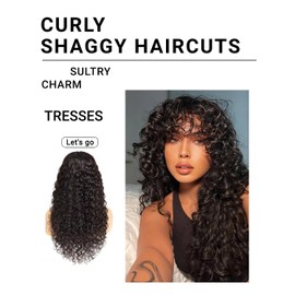 Doiwile Shaggy Haircuts Curly Wig with Bangs Human Hair 4x4 HD Lace Wear and Go Glueless Wigs Curly Human Hair Wig with Bangs for Black Women (Black, 22inch)