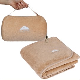 BlueHills Travel Blanket Pillow Rolled Premium Soft Plush Airplane Throw Traveler Essentials Gift Compact in a Bag 70X48 inches Long Car Plane Flight Portable Beige R06