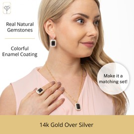 MAX + STONE 29MM Big Onyx Gemstone Earrings with White Enamel & Sapphire Accents | 14K Gold over Sterling Silver Black Onyx | Hypoallergenic December Birthstone