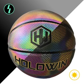 HW HOLOWIN Reflective Glowing Holographic Luminous Basket Ball for Night Game, Perfect HoloHoops Toys (Reflective Black, Size 7)