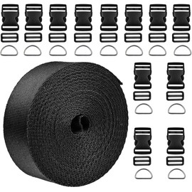 1.5 Inch Wide 10 Yards Black Nylon Heavy Webbing Strap+12 Set Plastic 1 Inch Flat Side Release Buckles