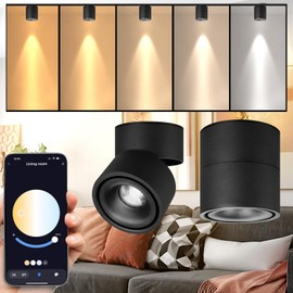 LED Ceiling Spotlight Indoor Dimmable - Tuya Smart Life 360° Adjustable 12W COB Ceiling Downlight Aluminum Hard Wired For Bedrooms Rooms Corridors Painting Background Walls (Black, A (4.02"*3.94"))