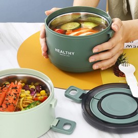 3-Layer Thermal Lunch Box, Leak-Proof, Vacuum Insulated Thermos Container for Hot Lunch, Easy to Grip Lid, Removable Compartment Design, Portable (Bean Paste Green)