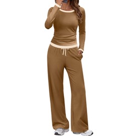 SHESHOW Casual Lounge Sets for Women 2 Piece Outfits Color Block Tops and Long Pants Womens Loungewear Matching Tracksuit Set Khaki M