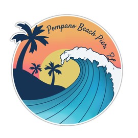 Pompano Beach Pier Florida Beach Souvenir Vinyl Decal Sticker Wave Design 4 Inch