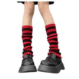 Verdusa Women's Striped Print Ruffle Trim Leg Warmers Knitted Socks Warm Boots Covers Black and Red One-Size