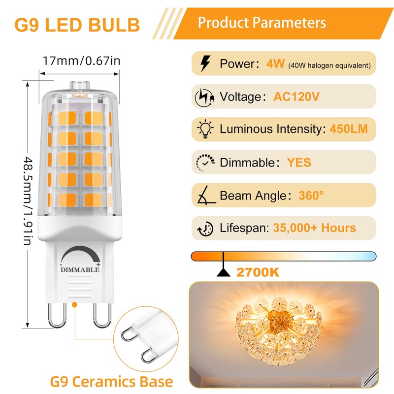BAOMING G9 LED Bulb Dimmable 4W, 40 Watt T4 G9