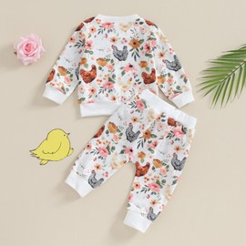 SHUING Toddler Infant Girl Boy Farm Outfit Chick& Flower Print Long Sleeve Sweatshirts Elastic Waist Pants Fall Clothes (White, 2-3 Years)