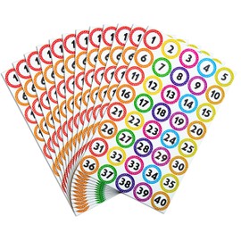 480 PCS Colorful Vinyl Number Stickers 1-40, 12 Sheets, Removable Dot Stickers, Waterproof Self-Adhesive for Office, Home, Classroom, Crafts, Indoor, Boxes, Storage etc, (1-Inch Number Sticker)