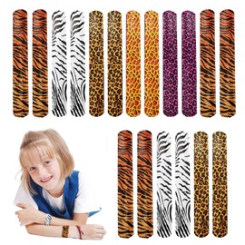 POPOYU 24Pcs Leopard Tiger Zebra Giraffe Print Slap Bracelets,Snap Bracelet Bands for Gifts Bag Filler,Safari Party Favors Wristbands for Kids Jungle Safari Animals Party Supply Classroom Prize Gifts