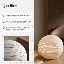 RONDURE 8.7" Bedside Table Lamp, Ceramic Lamp for Bedroom Nightstand, White Lamp for Living Room, Modern Design Lamps (E12, Not Included Bulb)