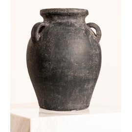 Terracotta Vase with 3 Ear | Handmade Black Ceramic Pottery 9.5'' Tall | Large Distressed Unique Vintage Vase | Rustic Farmhouse Pottery for Flowers | Textured | Wide Mouth | Centerpieces.