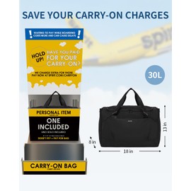 ECOHUB For Spirit Airlines Personal Item Bag 18x14x8 Travel Duffel Bag Underseat Carry on Bag with Trolley Sleeve for Men, Water Resistant, With Shoulder Strap, 30L (Black)