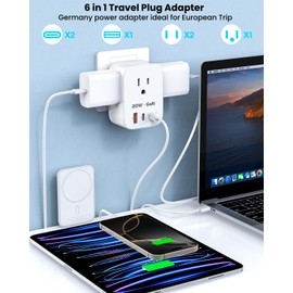 2Pack Germany France Power Adapter, 20W Type E/F Plug Adapter with 2 USB C/1 USB Ports and 3 AC Outlets, 6 in 1 International Travel Adapter for US to Europe Plug EU Spain France Iceland Greece Russia