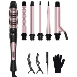 6 in 1 Curling Iron, Curling Wand Set with Thermal Brush (1.5inch) & 1inch Bubble Wand Curler and 3 Interchangeable Ceramic Barrel (0.35"-1.25"), Instant Heat Up with Comb & Protective Glove & 2 Clip