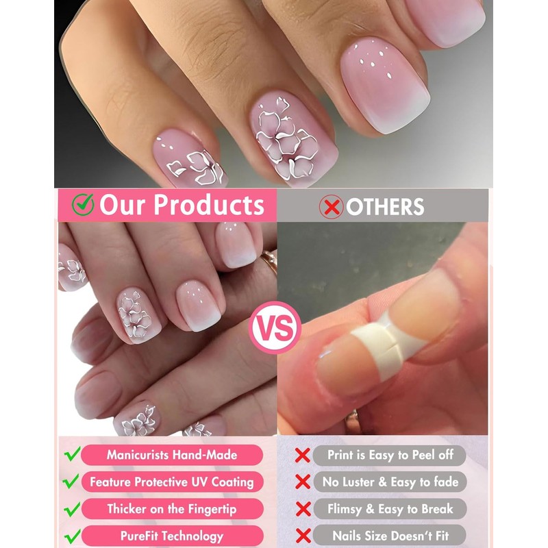 FUGLUS 24 Stück Weiß Eckig Nägel Zum Aufkleben Kurz mit