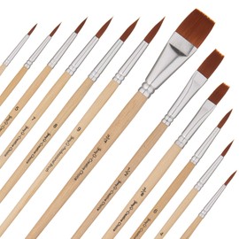 Jerry Q Art 12 PC Brown Synthetic Hair Round and Flat Paint Brush Set with Short Wood Handles for Acrylic, Watercolor and All Media JQ59831