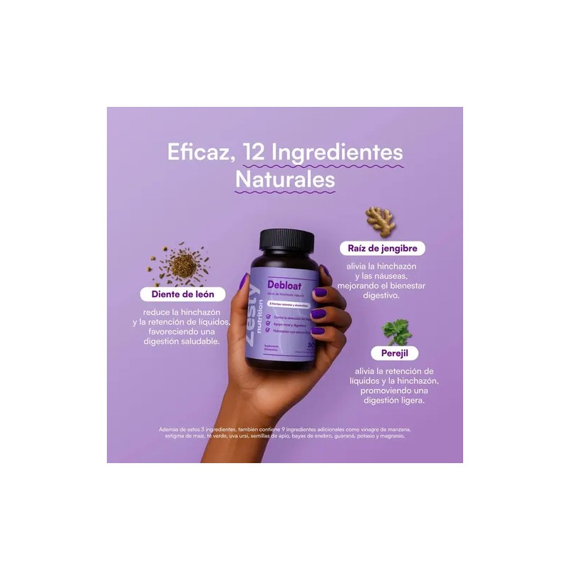 Zesty Debloat Suplemento Digestivo Alivia Hinchazón 30 Cap Sin Sabor