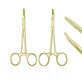 OdontoMed2011 5" Straight & Curved Hemostat Forceps Set - Locking Tweezer Clamps - Ideal Hemostats for Nurses, Fishing Forceps, Crafts and Hobby (Gold Plated Color)