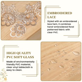 Qubjus 2-Piece Waterproof Round Tablecloth Set - Crystal Clear PVC Cover with Embroidered Lace Trim for Weddings, Camping, Restaurants (43-Inch Round, Champagne Floral)