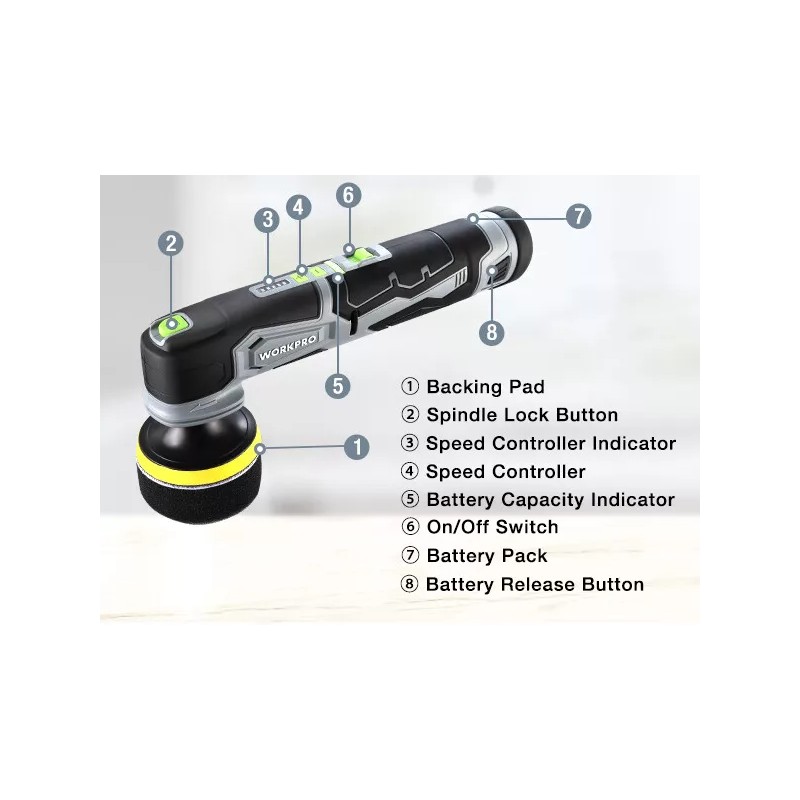 WORKPRO Cordless Mini Buffer Polisher 12V 5 Variable Speed Up