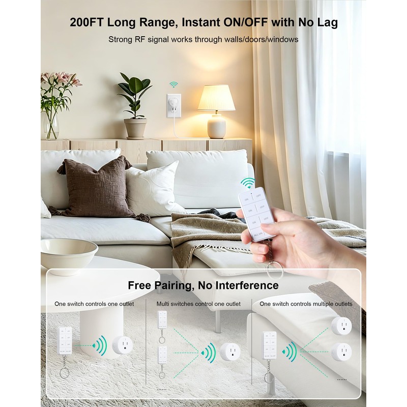 TREEWELL Remote Control Outlet with All On/Off Switch, 200FT Long