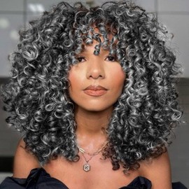 quesdom Short Curly Wigs Ombre Gray Afro Curly Soft Hair Wig Synthetic Fiber Kinky African American Wig with Bangs for Black Women(T2-0906, Ombre Gray)