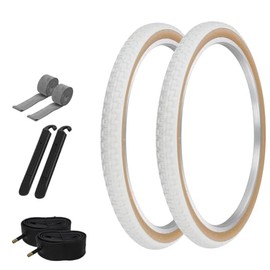 PRO+ Pair of Bicycle TIRE 24" X 1.75" White/Gum SIDEWALL COMP III Tread (2) Tires W/Tubes, Rim Strips & TIRE LEVERS BMX Bike P-104A