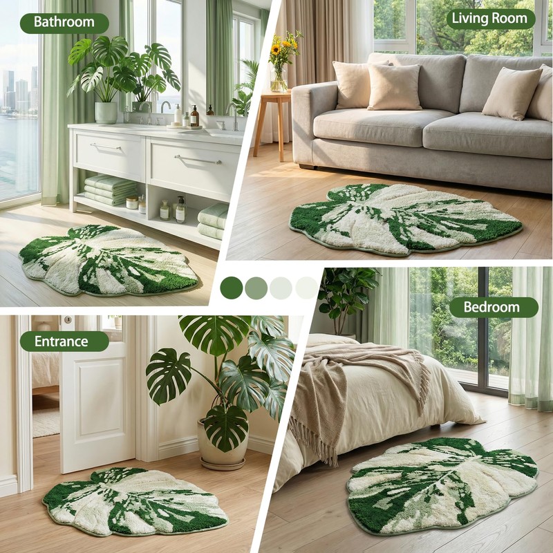 VivaNest Luxury Sage Green Leaf Bathroom Mat Monstera, 32.3"x36.6" Extra
