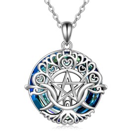 YFN Triple Moon Goddess Necklace Sterling Silver Pentagram Pentagram Pendant Necklace Pagan Wiccan Magic Amulet Tree of Life Jewellery for Women Men Women 18 Inches, Sterling Silver