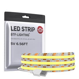 BTF-LIGHTING FCOB USB Powered Cool White 6000K COB LED Strip Lights 6.56FT 640LEDs 5V 8mm Width 90+ High CRI Ultra Bright Flexible Light for TV Backlight Display Cabinet PC DIY Decor