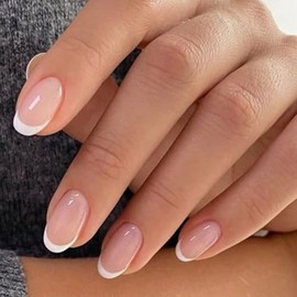 modelones Uñas postizas francesas, cortas y ovaladas, con pegamento, adhesivos, lima, almohadilla de preparación y palito de manicura, 32 unidades, 16