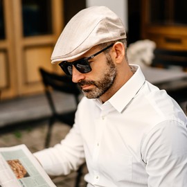 TOP-EX Men's Linen Flat Cap - Summer Ivy Newsboy Hats, Gatsby Cabbie Golf Driving Cap for Hombre Irish Scally Paperboy Pageboy Cap Lightweight Navy Blue XL/XXL