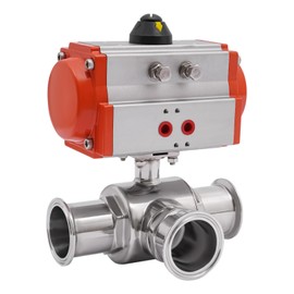 2" Pneumatic 3-way Ball Valve, Sanitary 3 way T Port Tri-Clamp Quick Release Ball Valve, Double Actuator Stainless Steel standard G1/4'' Thread PTFE Sealing w/ 3 Plastic Caps for Pipeline System
