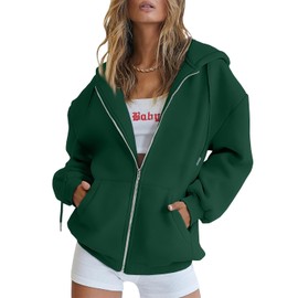 Trendy Queen Womens Zip Up Hoodies Oversized Sweatshirts Fall Fashion Outfits Casual Jackets 2025 Winter Clothes Dark Green L