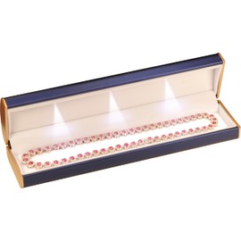 Three LED Lights Bracelet Box Luxury PU Leather Dome Top Designed with Gold Color Painted on the Sides Bracelet Necklace Anklet Jewelry Gift Storage Holder Box for Women for Men (Blue)