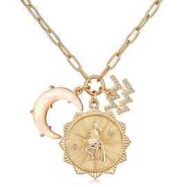 MISS RIGHT Gold Zodiac Aquarius Sign Coin Necklace with Opal Crescent Moon Charm for Women Trendy, Dainty Gold Paperclip Chain 12 Constellation Horoscope Necklaces Astrology Jewelry Gifts