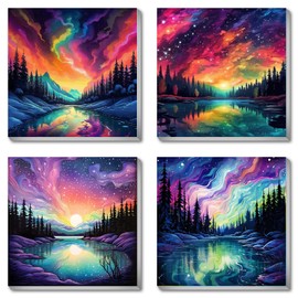 FQOVKYN 4 Pack Landscape Paint by Number for Adults Framed Canvas, DIY Aurora Arts and Crafts for Adults Beginner with Paint Brushes, Acrylic Paint Set for Home Wall Decor, 8 * 8 Inch