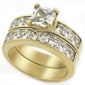 Marimor Jewelry His and Her 14K Gold Plated Stainless Steel 3 Piece Wedding Engagement Ring and Men's Band Set Women's Size 09 Men's Size 13