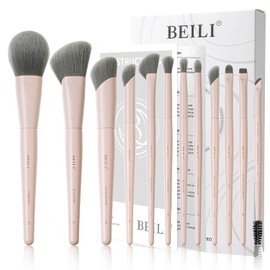 BEILI Set De Brochas De Maquillaje Rosa, 12 Brochas Veganas Para Base En Polvo, Corrector, Cejas, Sombras De Ojos, Contorno, Delineador Y Difuminador De Ojos.