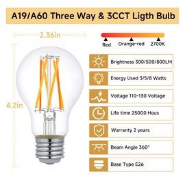 CHULEIBACUI A19 3 Way LED Edison Filament Bulb, E26 Base, Color Changing (Red/2700K/Orange-Red), 30/50/80W Equivalent - Ideal for Indoor, Reading, Decorative Lighting - 2 Pack