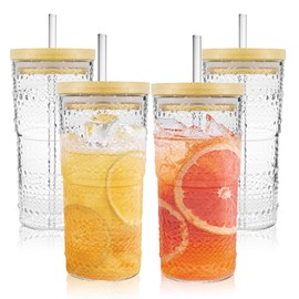 Icesip 4 Pack 20oz Hobnail Drinking Glasses with Bamboo Lids and Glass Straw,High Borosilicate Glass Tumbler Cup Reusable Wide Mouth Smoothie Cups,Beer, Iced Coffee Glasses, Soda