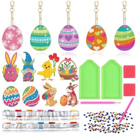 NTGFU Pack of 13 Diamond Painting Easter Set, Diamond Painting Key Ring Double-Sided Easter Eggs Decoration 5D Pendant Diamond Art Sticker Diamond Painting Crafts DIY Children Gift