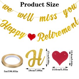Pre-Strung Happy Retirement Banner, Gold Glitter We Will Miss You Banner, Retirement Party Decorations Farewell Gift for Women Man