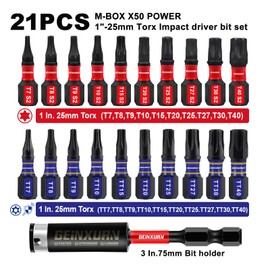 Geinxurn 20Pieces 1 In. Impact Torx Screwdriver Bit Set (T7-TT40),Magnetic Multi-Torx Head Insert Bits, S2 Alloy Steel Security Star Bits with 1Pc Impact Bit Holder and Storage M-Box