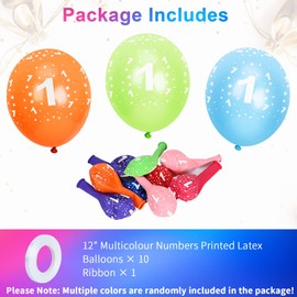SUSNUAN 1st Birthday Balloons, 12'' Multicoloured Numbers Printed Latex Age Balloons, Birthday Digit Balloons 1 for Girls Boys 1 Year Old Birthday Decor, 1st Anniversary Party Supplies